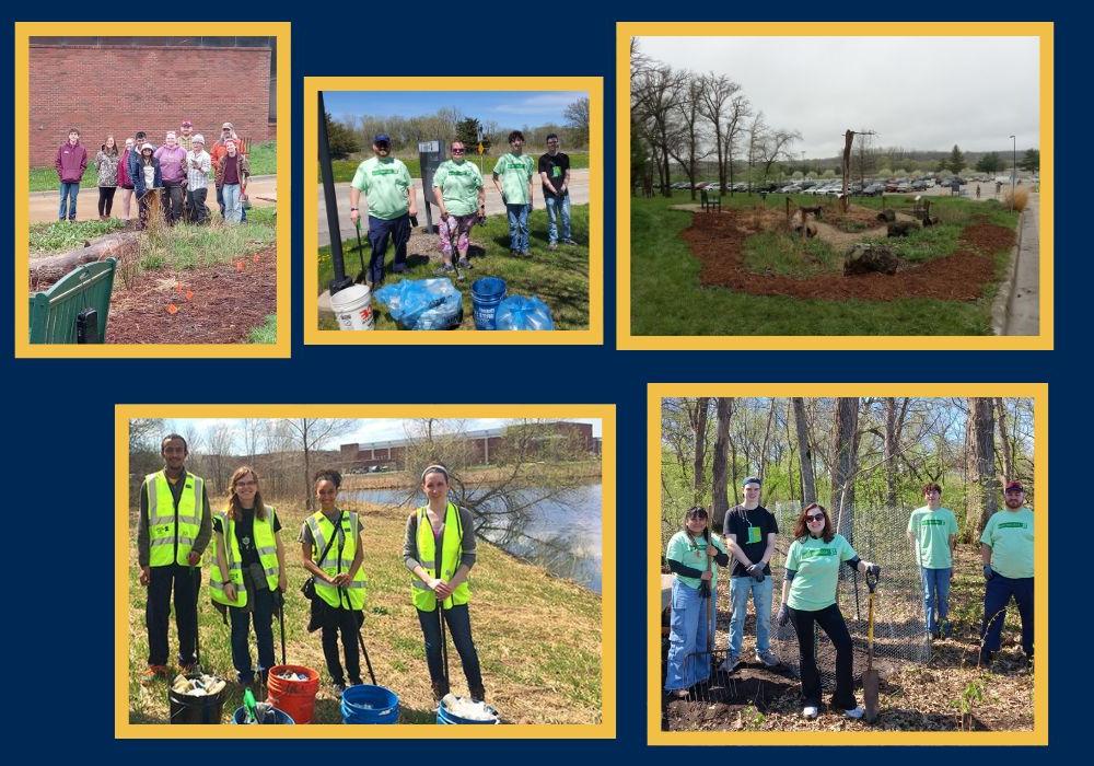 Five images in a gallery framed with gold on a navy blue background. These images include different groups of 易胜博 students in nature with shovels, pales, garbage bags, and rakes.